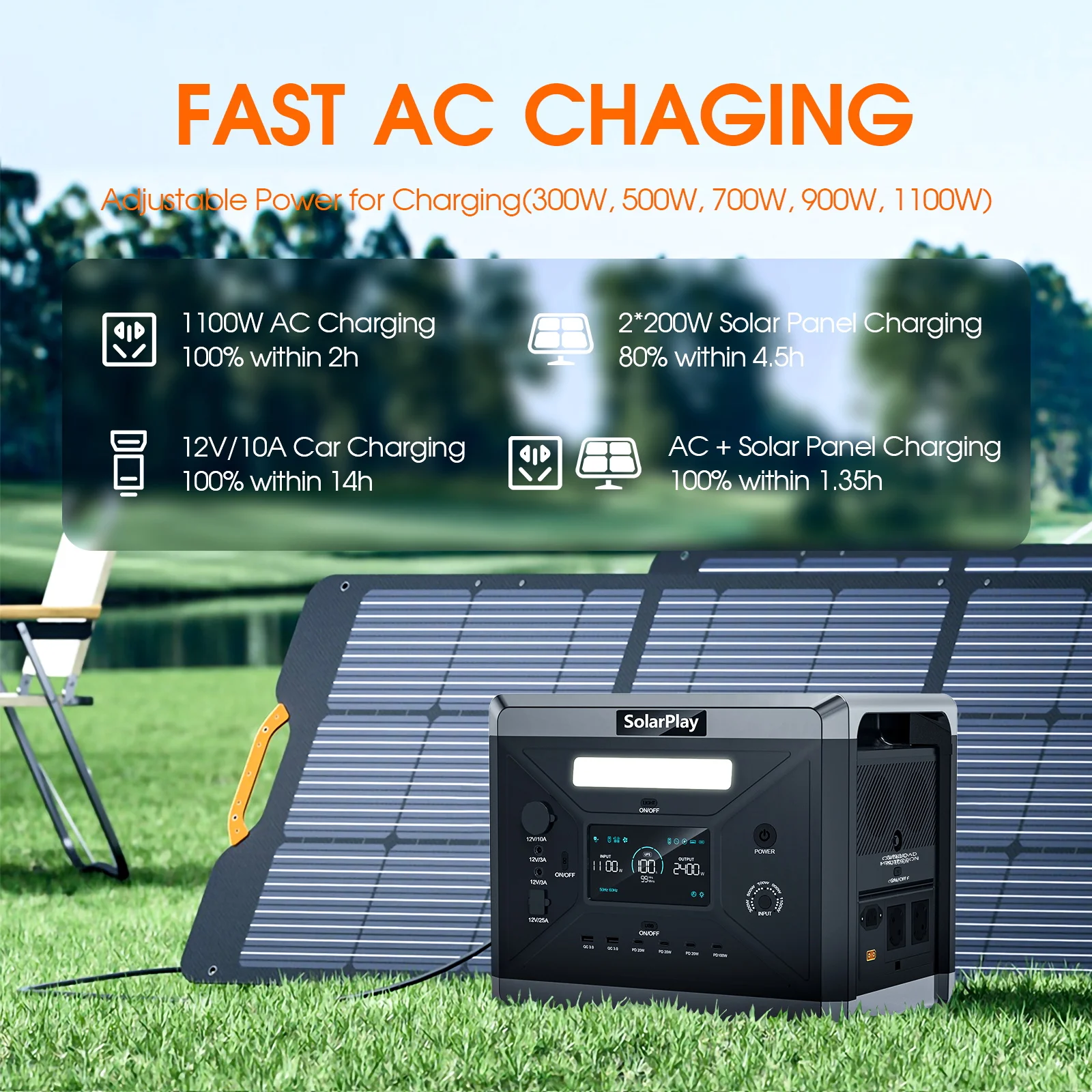 Solar Generator 2160WH 2304WH Long-life LiFePO4 Portable Power Station & 200W Solar Panel  for Home Campervan Up to 2400W Output