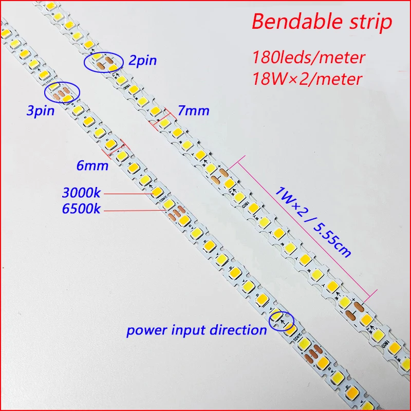 5meters bendable 2 or 3 solder joints 180D 5B9CX2 2835 LED strip constant current LED ribbon 18Wx2colors/meter light belt