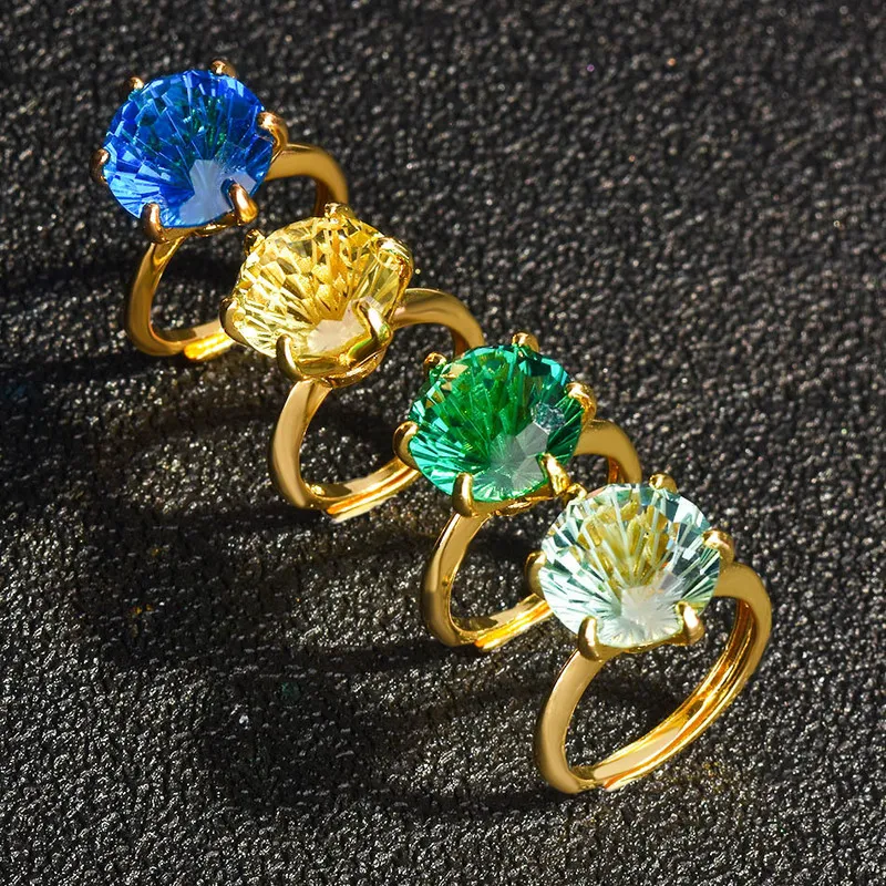 6-Carat Beautiful Cut Crystal Ocean Blue Ring, 18K Gold Plated, Exquisite Open-Ended Ring - Women's Jewelry