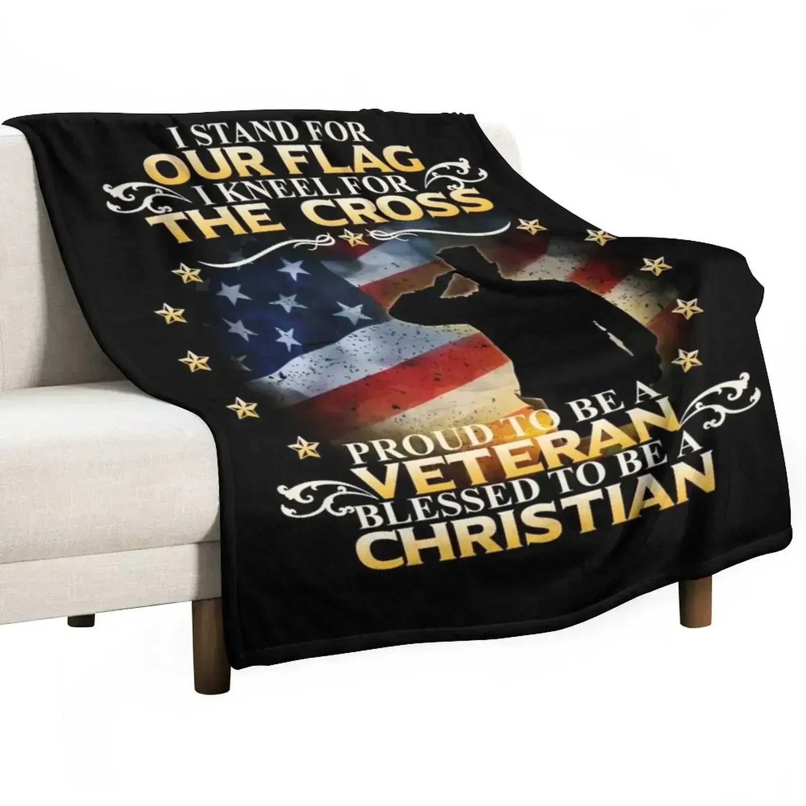 I Stand For Our Flag I Kneel For The Cross Christian Veteran Throw Blanket Beautifuls for sofa babies Blankets