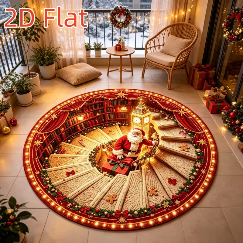 Christmas Santa 3D Optical Illusion Round Rug, Staircase Clock Gift Wreath Gingerbread Man Light Garland Print