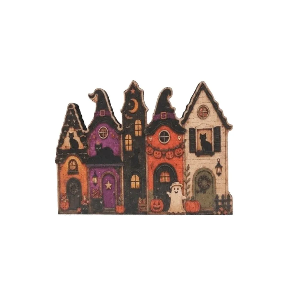Wooden Wooden Haunted House Vintage Finish Multi-layer Halloween Village Decor Flat Base Durable Craft Rustic Autumn Ornament