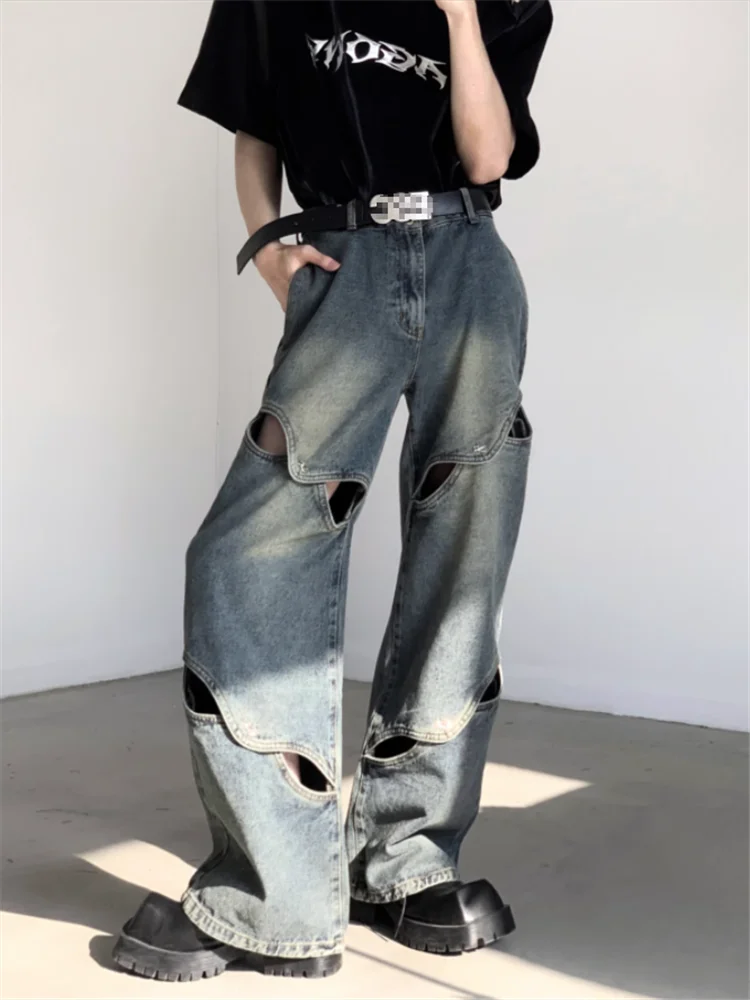 2023 Niche deconstruction design sense ripped jeans male American high street heavy industry wide leg pants advanced sense