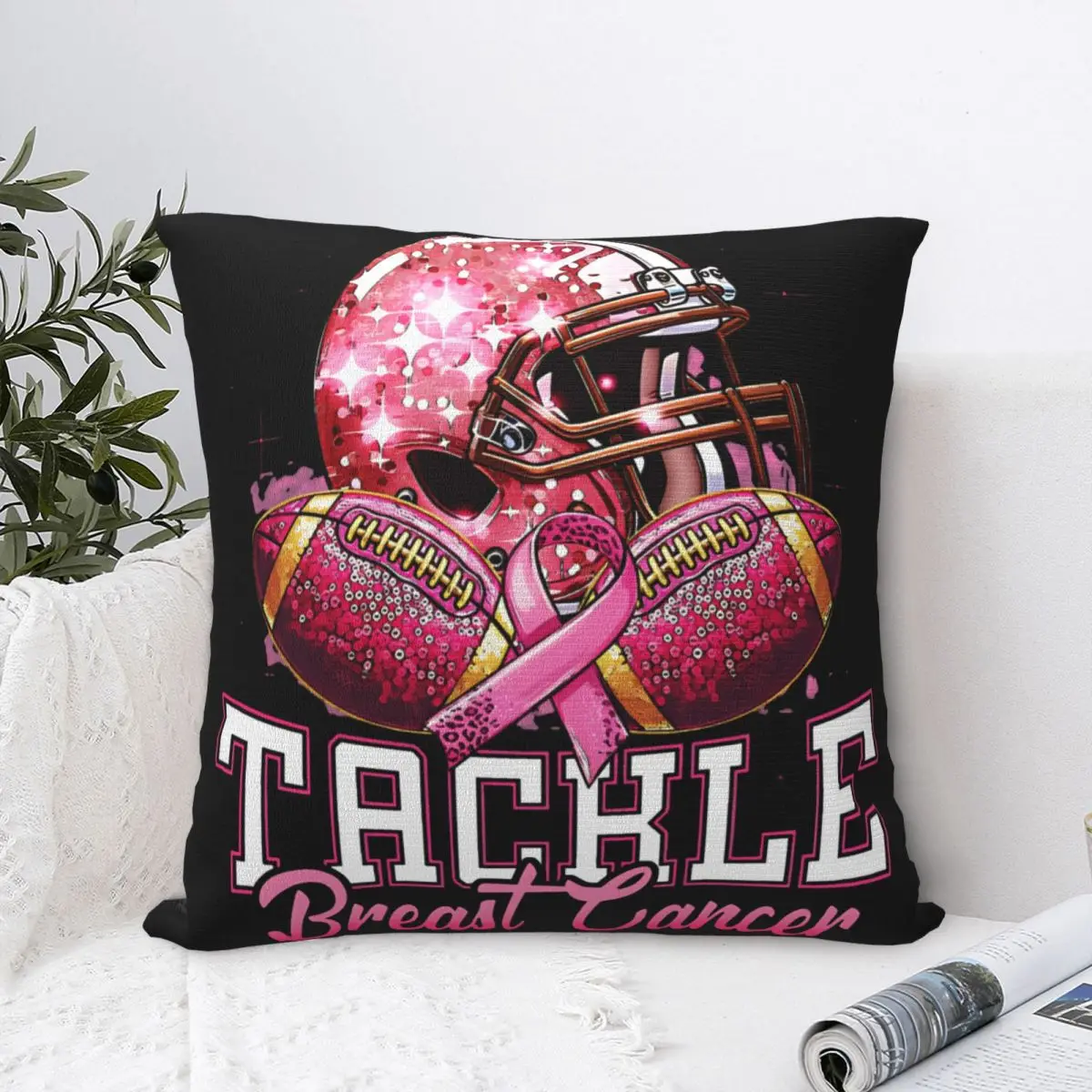 Tackle Breast Cancer Awareness American Football Pink Ribbon Square Pillow Case Polyester Cushions for Sofa Novelty Pillowcase