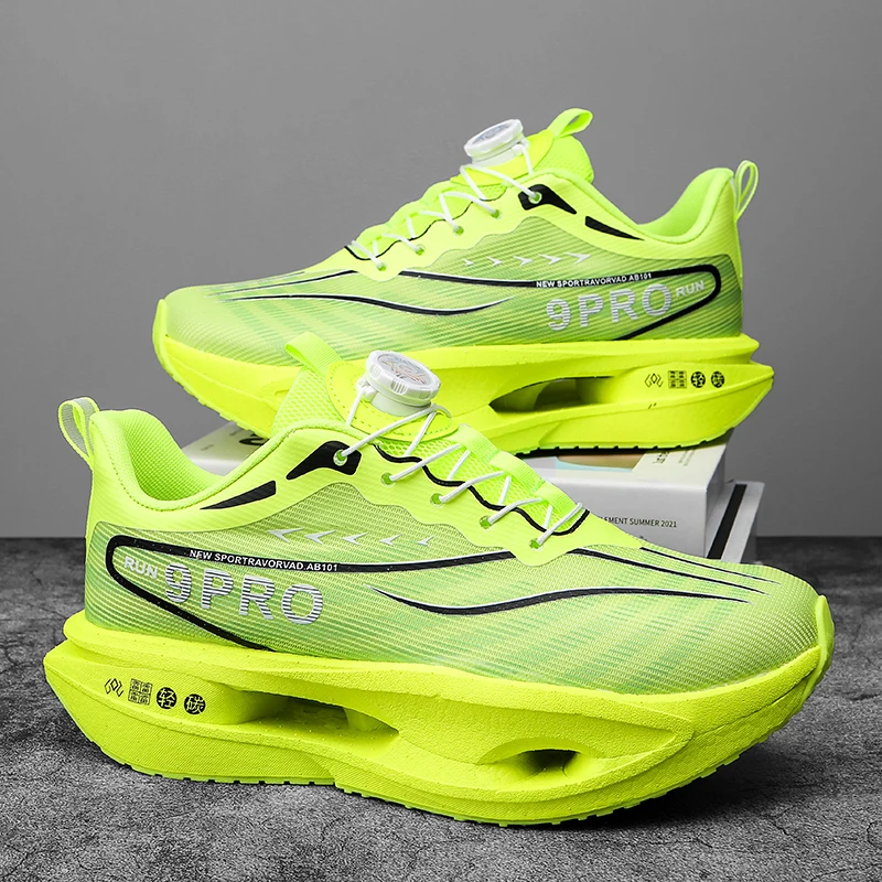 Men's Carbon Plate Rotary Buckle Running Shoes Breathable Mesh Non Slip Cushion Sneakers For Male Outdoor Training Jogging Gym
