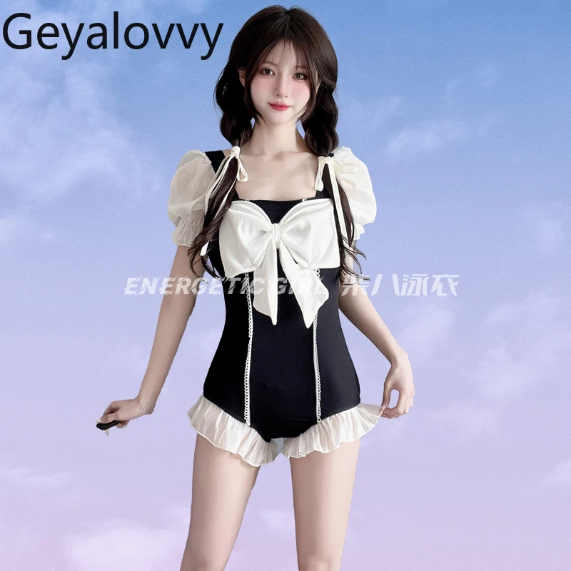 

Japanese Cute Bow Versatile Black White Color Matching Lolita Short-sleeve Swimsuit Hot Spring One-piece Swimsuit Bikini Women