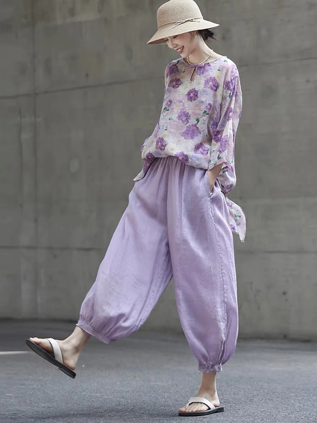 

Женские летние повседневные брюки-фонарики из хлопка и льна с высокой талией, свободного кроя, укороченные, фиолетовые, Eighteen