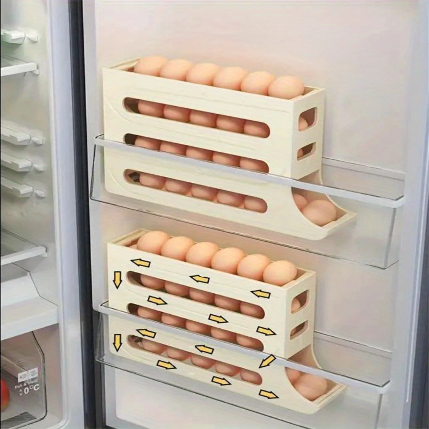 4-Tier Refrigerator Egg  Tray - Durable Space-Saving Side Door Egg Holder, Auto Rolling Stackable Container,  Freshness Preservi