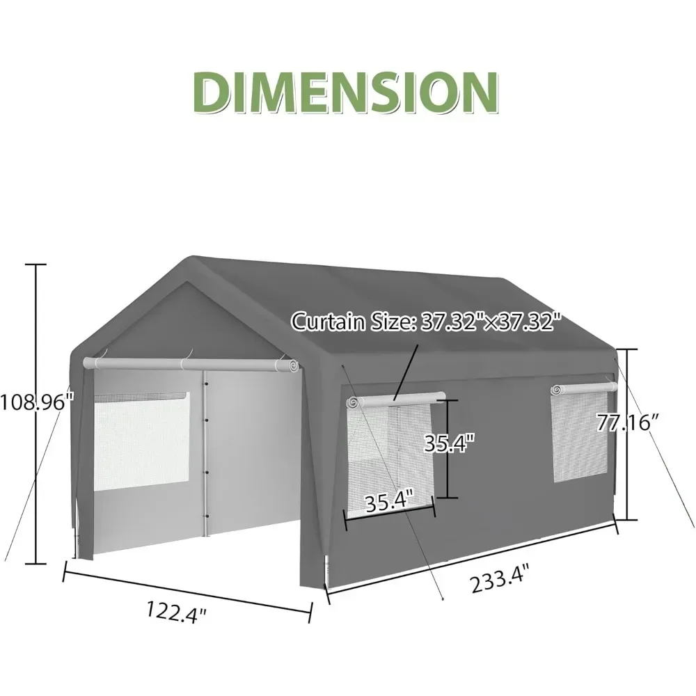 10x20ft Carport Garage with Mesh Windows, Removable Sidewalls, UV Resistant Waterproof All-Season Tarp, Portable Carport Garage