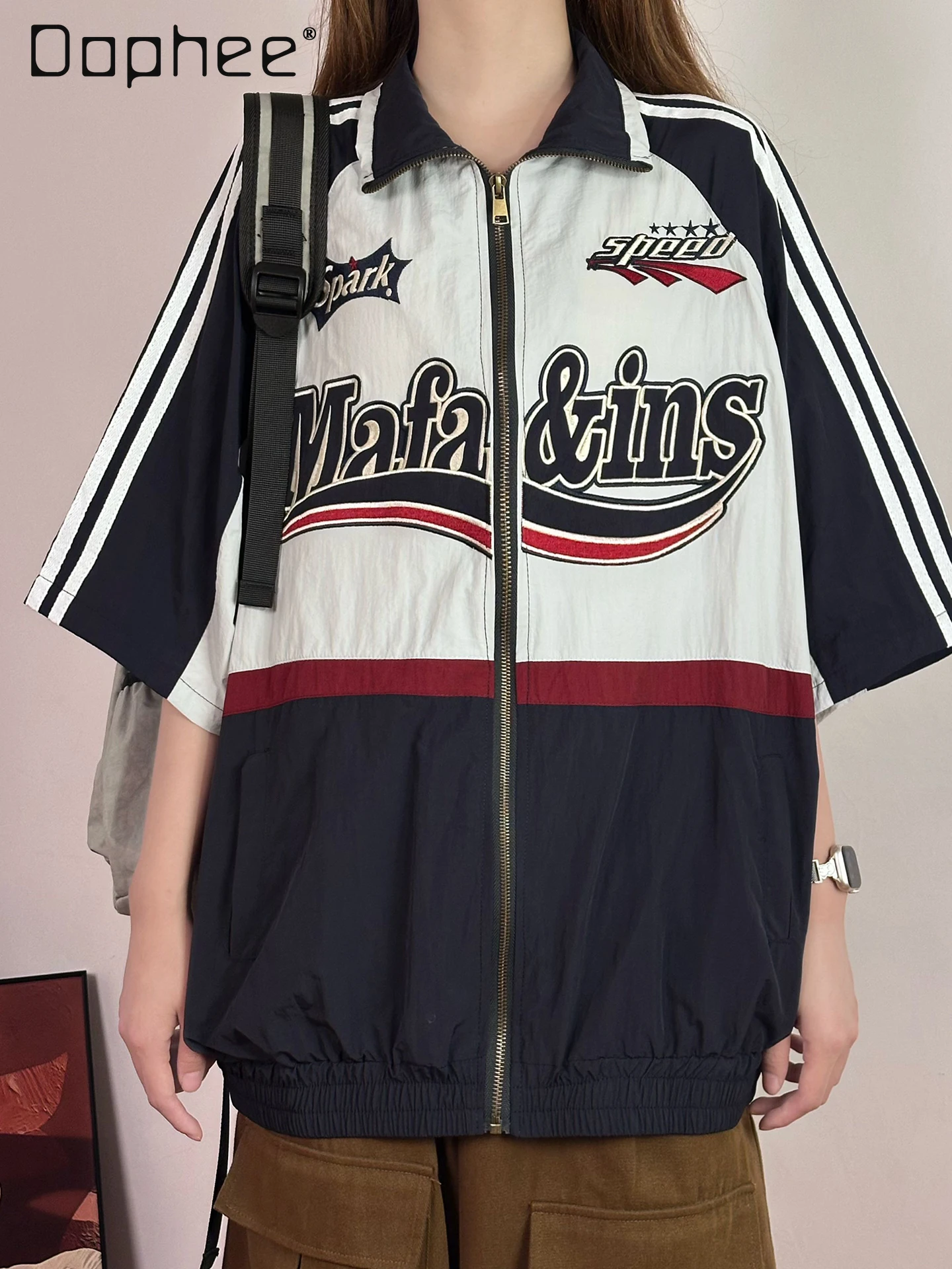 

American Retro Letter Embroidered Short-sleeved Shirt Women's Summer Thin Loose Casual Coat Tide Lapel Zip Top 2025 New