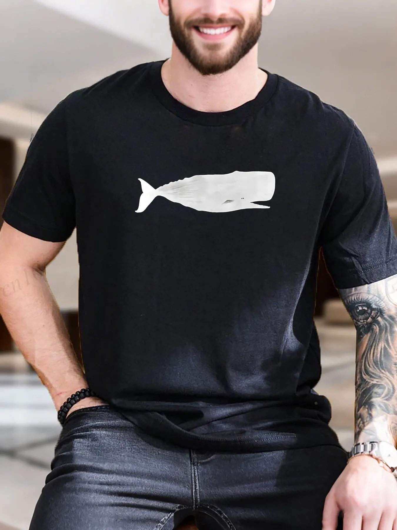 

New Arrival Fashion Men's Whale Print Cotton T-Shirt Breathable Soft Casual Tee with Unique Black and White Fish Head Whale Design