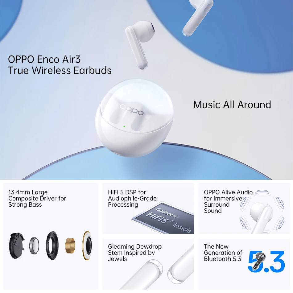 OPPO ENCO Air 3 TWS Earphone Wireless Bluetooth 5.3 Earbuds AI Noise Cancelling 25 Hour Battery Life IP54 For OPPO Reno 9 Pro