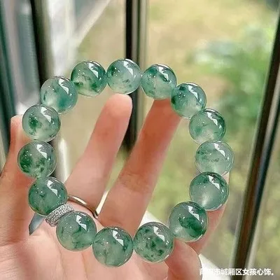 AAA Jade Floating Flower Bracelet Ice Oil Green Floating Flower Jade Round Beads12mm
