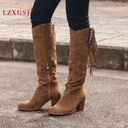 2024 New Retro Women Shoes Western Boots Chunky Heel Tassels Cowboy Knee High Boots Autumn Female Shoes