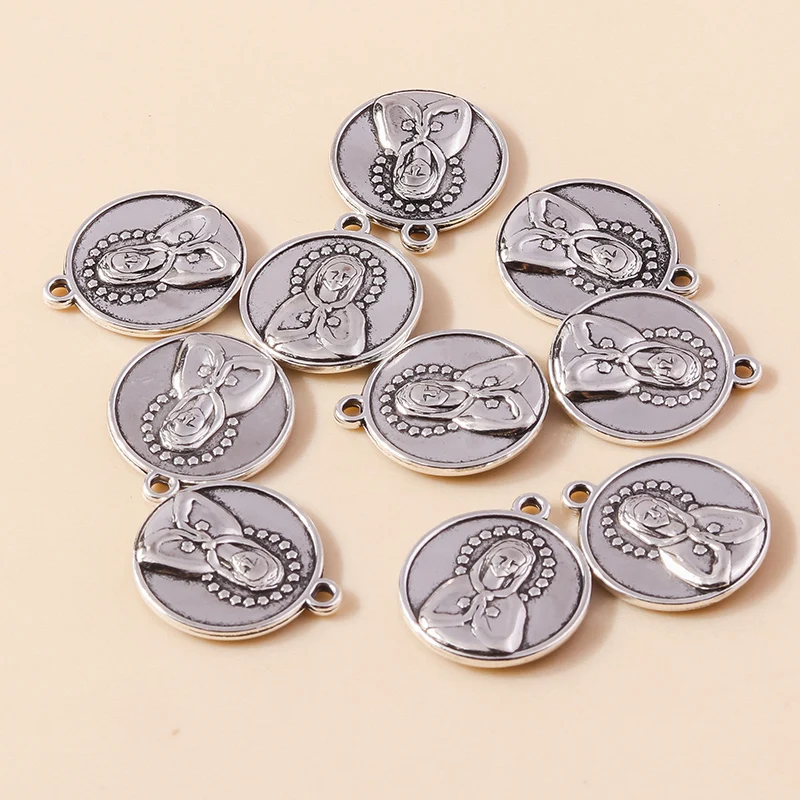 Leslie 10pcs Silver Color Statement Round Shape Virgin Mary Pendants Charms Fit DIY Making Necklaces 26x15mm Metal Alloy