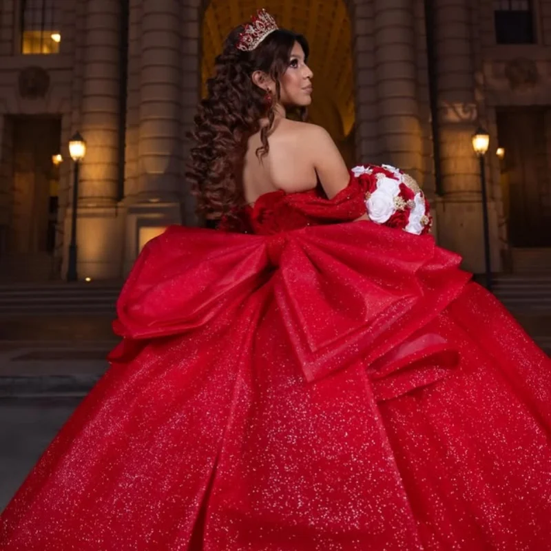 Personalizado brilhante vermelho quinceanera vestidos fora do ombro lantejoulas cristal camadas arco cauda longa vestido 15 quinceanera