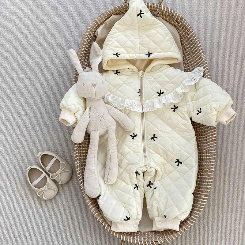 

Winter 0-24M Newborn Baby Girl Plush Hooded Embroidery Jumpsuit Toddler Baby Girl Warm Thick Romper Children Warm Thick Clothes