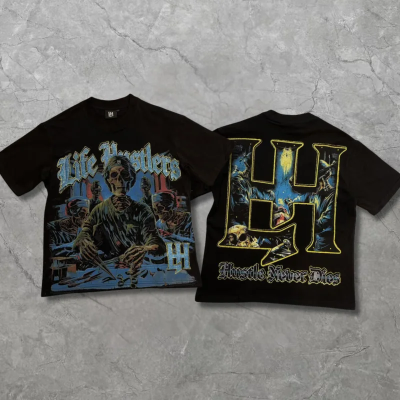 

Футболка Y2k Life Hustlers с принтом черепов и буквами в стиле ретро, готическая футболка в стиле хип-хоп с короткими рукавами, большие футболки с графикой