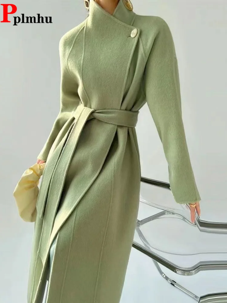 

Stand Collar Long Sleeves Woolen Coat Elegant Baggy Korean Fashion Long Abrigos Women's Casual Lace Up Warm Top Outerwear