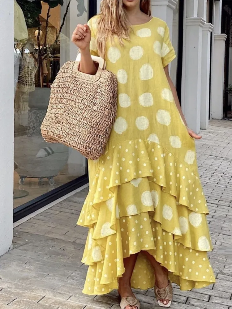 

Polka Dot Print Long Dresses Women Irregular Ruffle Big Skirt Hem Loose Maxi Dress Fashion Casual Lady Commuting Vestidos Summer