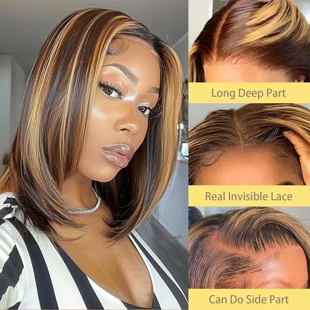 4/27 Highlight Bob Wigs 6X4 Human Hair Wear and Go Glueless Ombre Highlight Bob Lace Wigs Human Hair Pre Plucked Pre Cut Lace