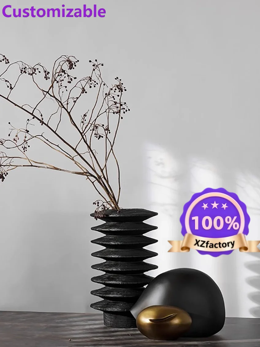 Factory Direct 2026 Top RatedWabi Sand Wind Imitation Charcoal Wood Resin Screw Vase Ornament Home B & B Vintage Black Soft Deco