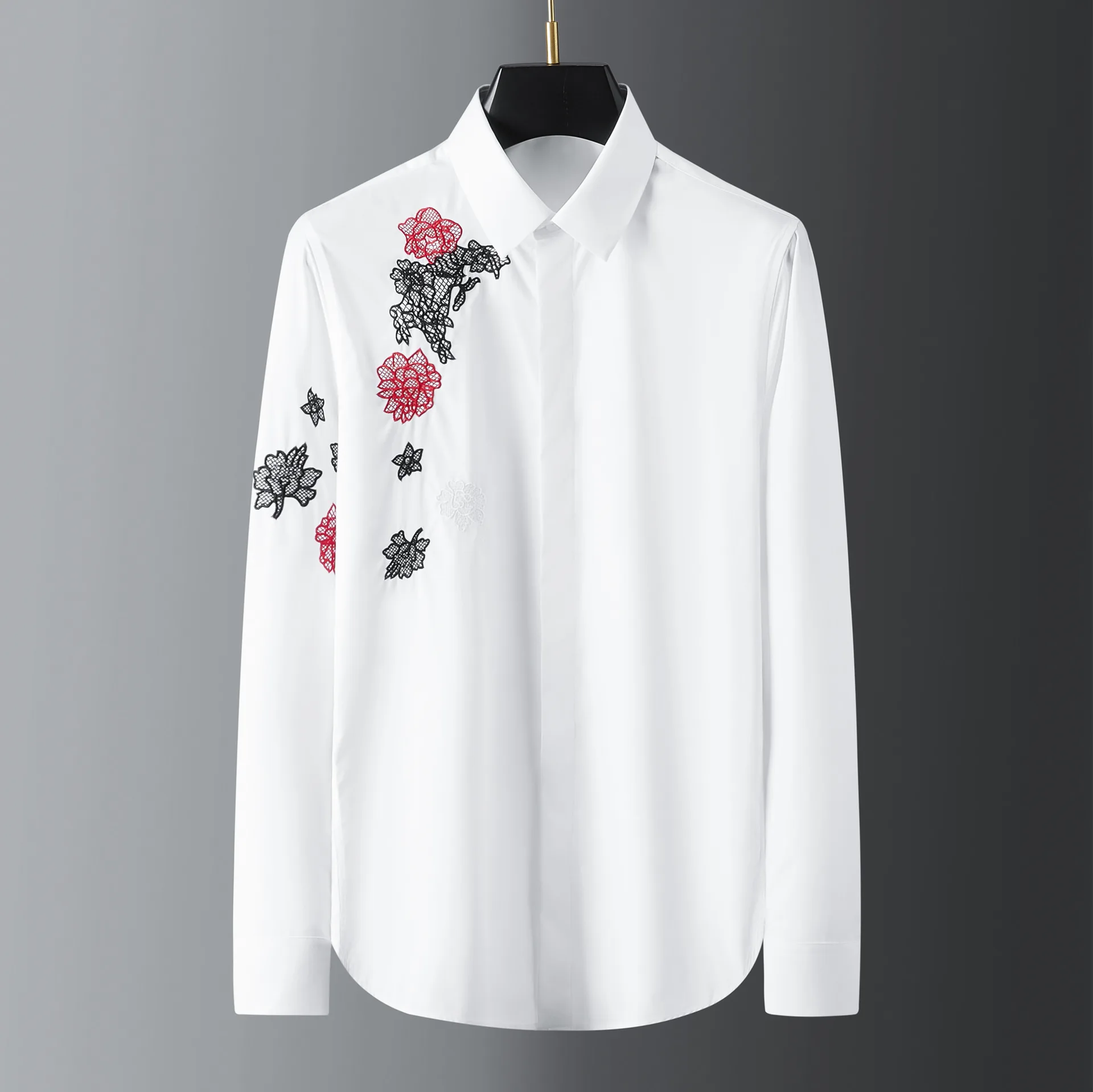 Trendy brand new arm front exquisite floral embroidery stylish men's fashionable long sleeved shirt