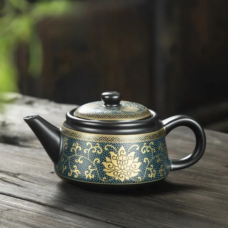Classy Ceramic Teapot 250ml Handmade Black Teapot with Gold Inscriptions Tea Kettle Retro Kung Fu Tea Pot Set Teaware