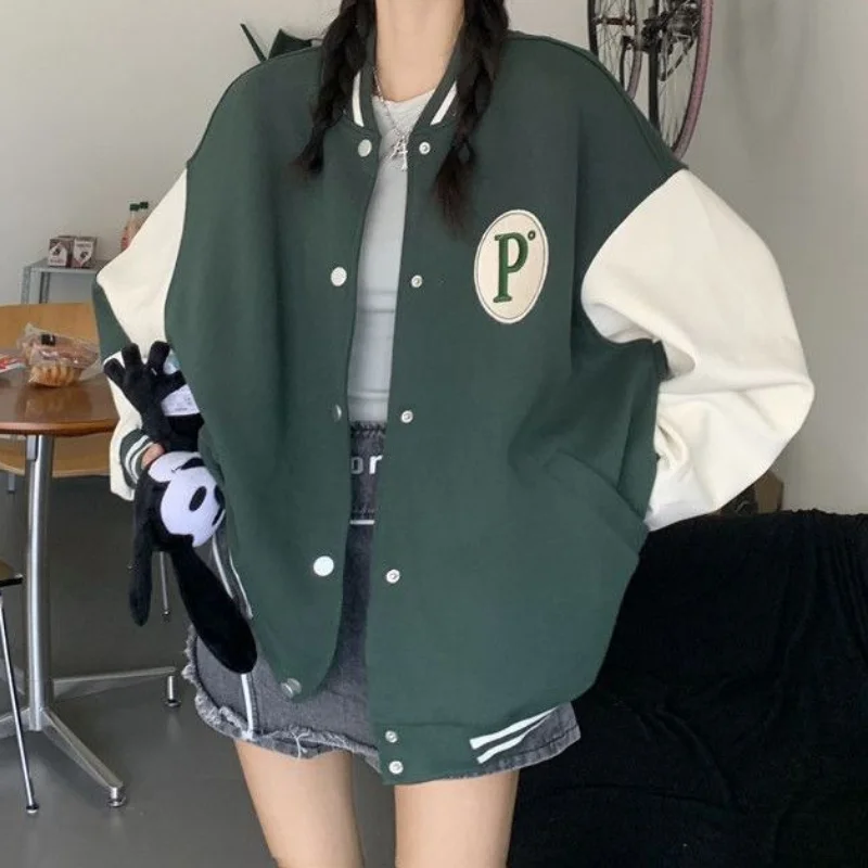 2024 Korean Style College Varsity Jackets Green Bomber Coats Streetwear Couple Loose Harajuku Baseball Jacket Women Oversize