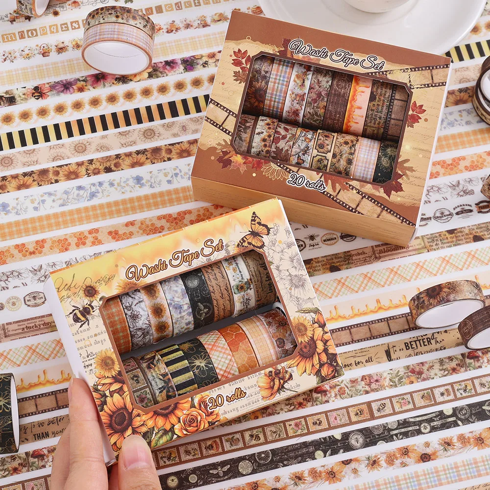 20 Rolls Vintage Washi Tape Set Plant Floral Decorative Tapes with Bee Butterfly for Scrapbooking Junk Journal Planner Supplies