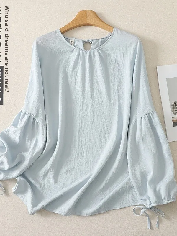 

Loose Lantern Sleeve Oversized Hoodie Women's Summer Artistic Style Fashion Simple Design Long Sleeve round Neck Shirt
