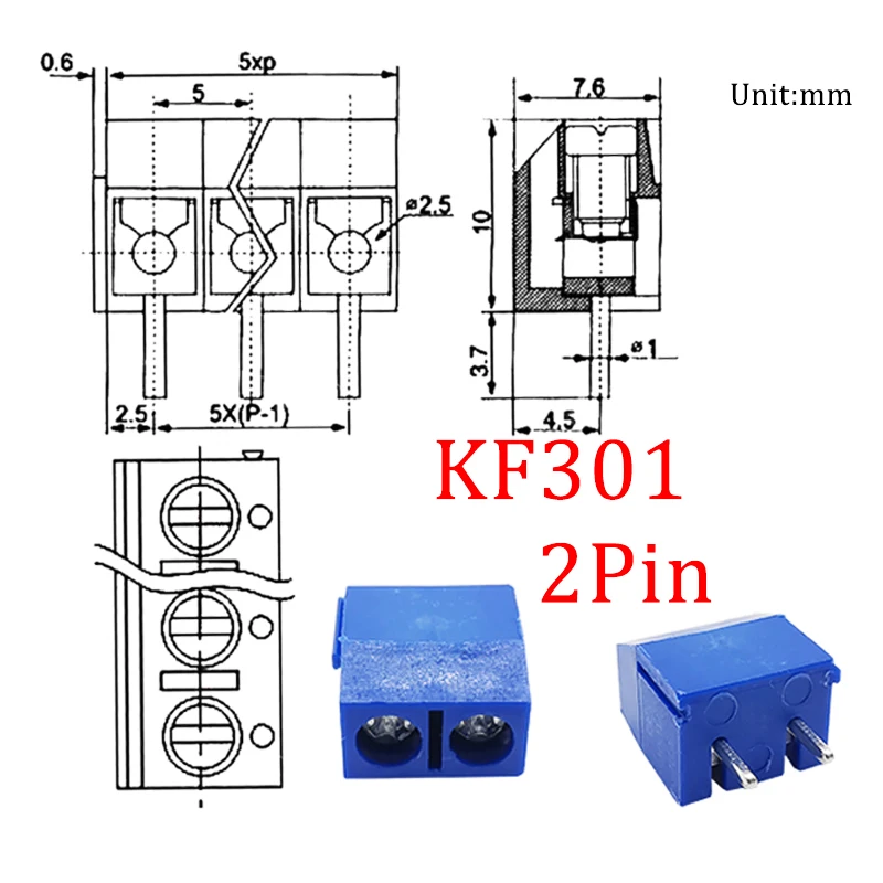 50 Teile/los Blau KF301-2P PCB Screw Terminal Block Anschluss Rastermaß 5,0mm Gerade Pin KF301 2Pin Spliceable Terminal Block Adapter