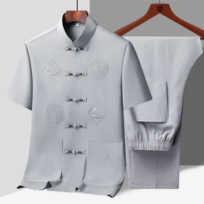 Tang Suit Men\'s Short-sleeved Chinese-style Dad Suit Summer Retro Chinese Grandpa Tai Chi Suit Middle-aged and Elderly Hanfu