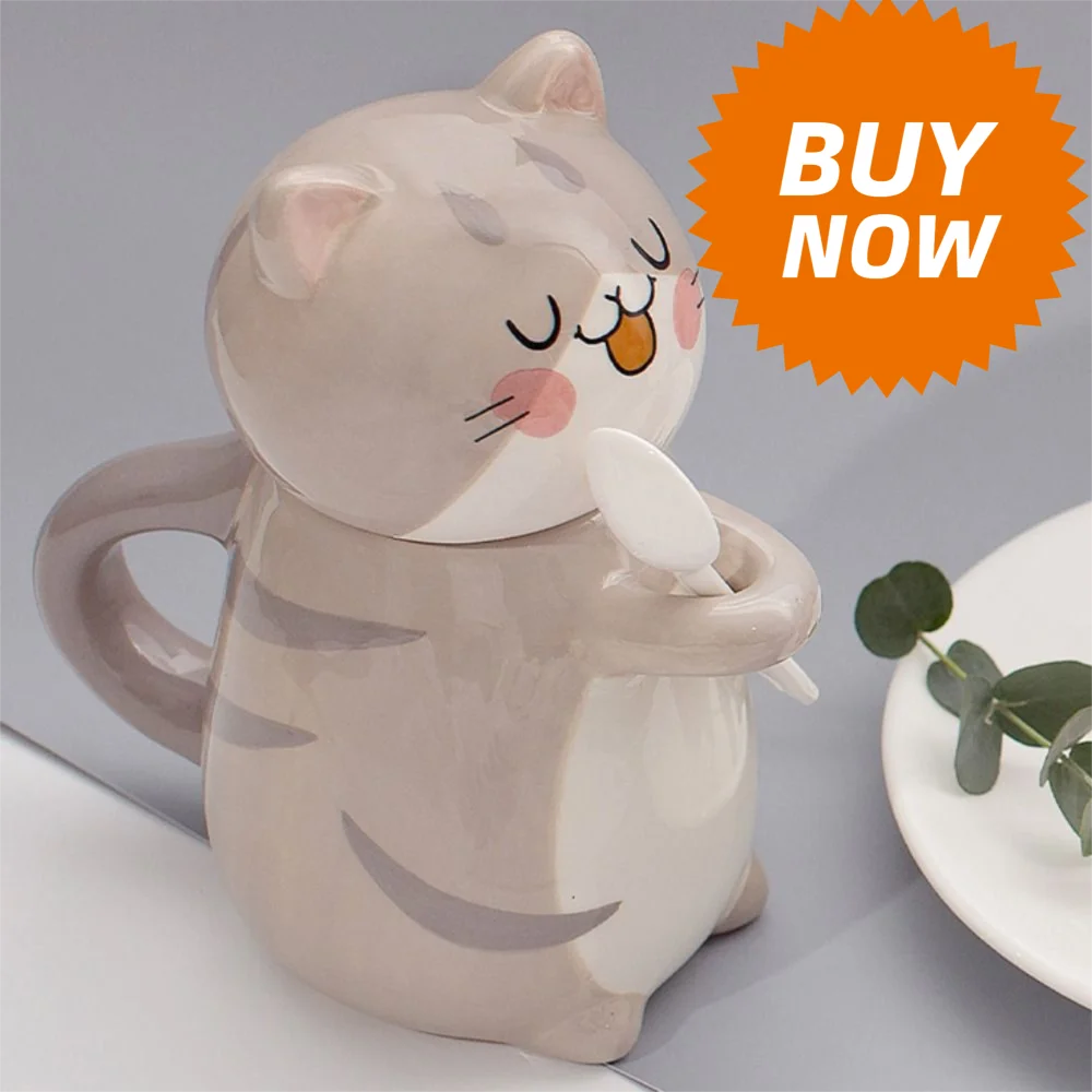 

Милая кофейная кружка с ложкой и котом, керамическая кружка с крышкой, чашки для чая с молоком, мультяшная изысканная кружка с ручной росписью, кухня