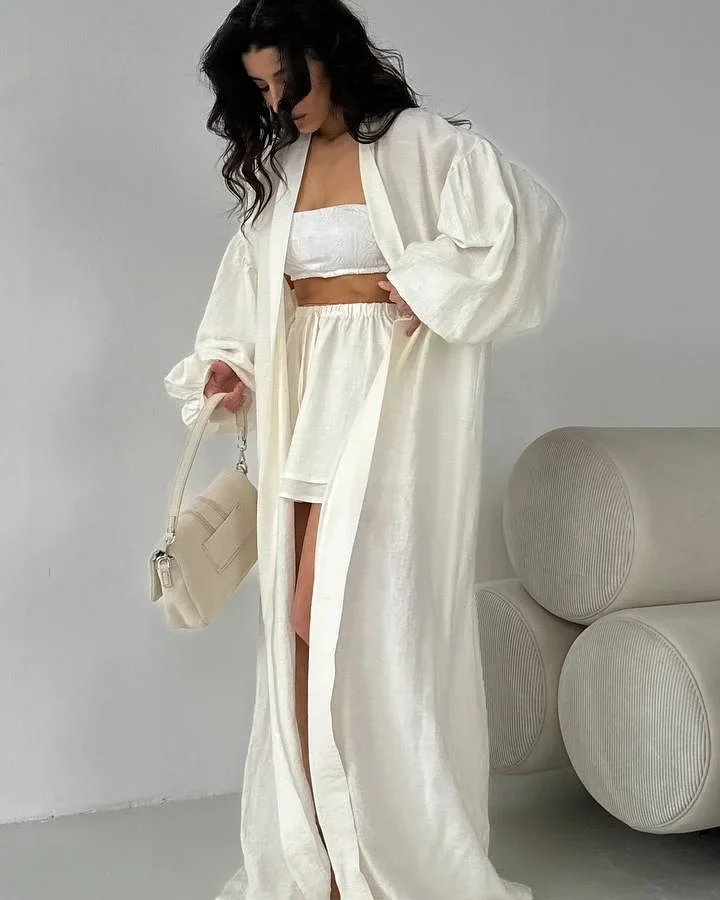 ชุดเซ็ตสองชิ้น เสื้อคลุมแขนทรงโคมไฟแฟชั่น + กางเกงขาสั้นทรงกว้าง ชุดลำลอง เสื้อคลุมแขนยาวทรงโคมไฟสุดหรู