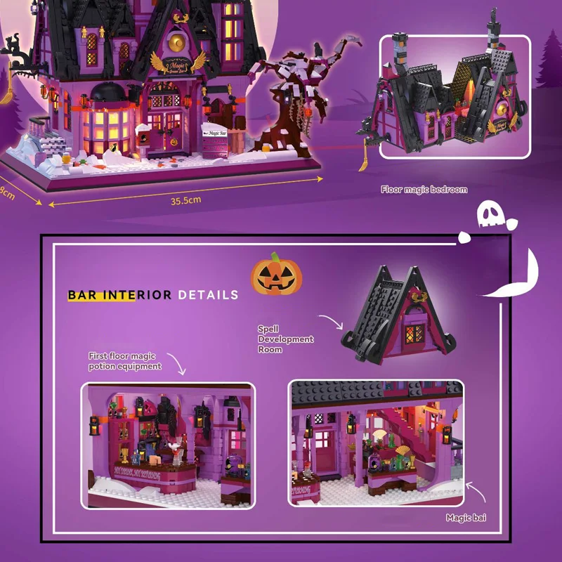 Creative Street View Magic Broomstick Bar Model Building Blocks City Halloween House Architecture Mini Bricks Toys For Kids Gift