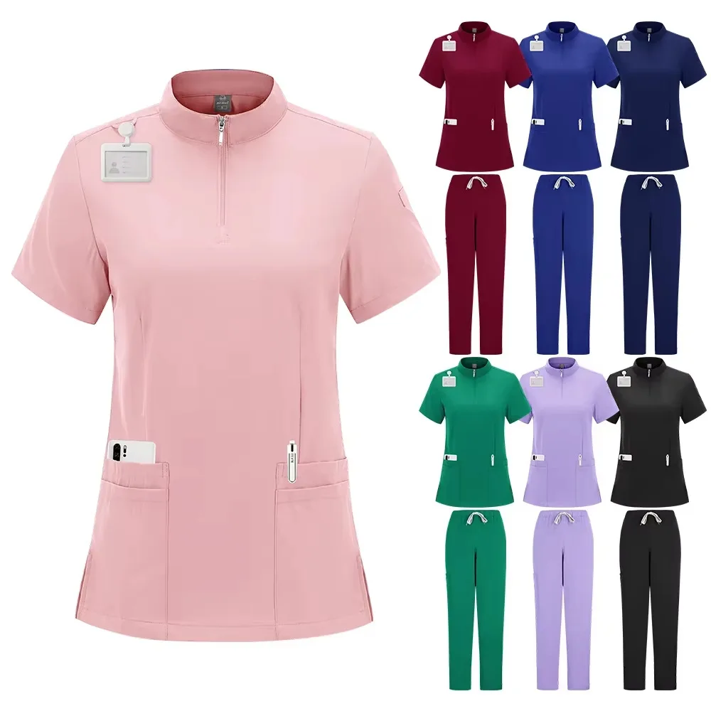 Collar Zipper Doctor Nurse Work Uniform Hospital Medical Surgical Gown Operating Room Straight Leg Pants Solid Color Scrub Sets