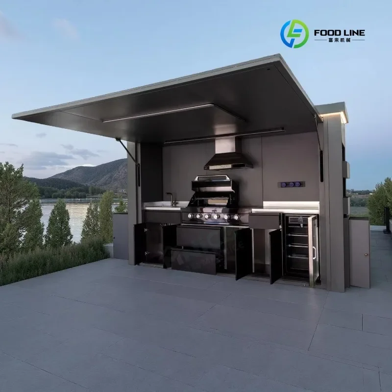 FL Modern Modular Outdoor Kitchen Shed with Stainless Steel Grill Sink Acrylic Hinge Drawer Basket Storage Cabinets Custom