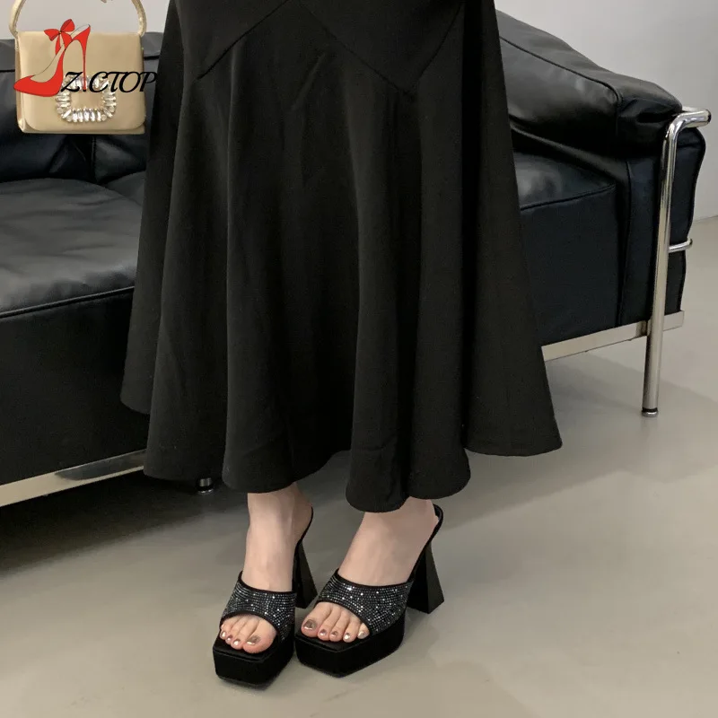 

Fashion Black Thick High Heels Sandals for Women Chunky Heel Platform Slippers Summer Party Club Shoes