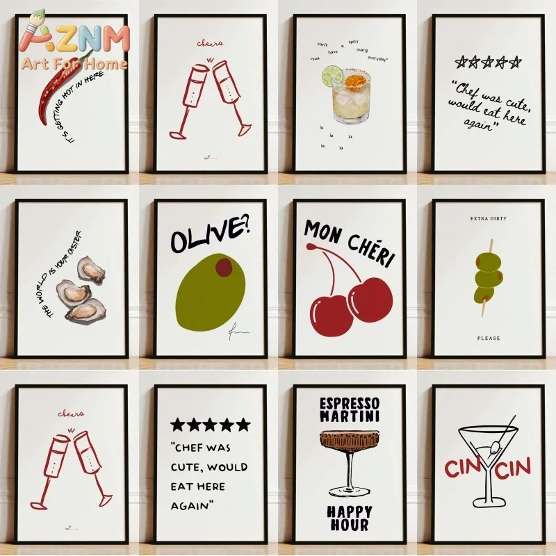 AZNM Retro Cocktail Food Canvas Wall Art, Minimalist Hand Drawn Wine Olive Chili Cherry Print Poster, Bar Kitchen Home Decor, Un