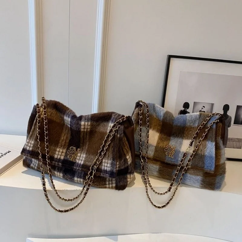 Fashion Woolen Plaid Large Capacity Chain Tote Bag Korean Vintage Y2k Trendy Women Shoulder Bag Designer Bag