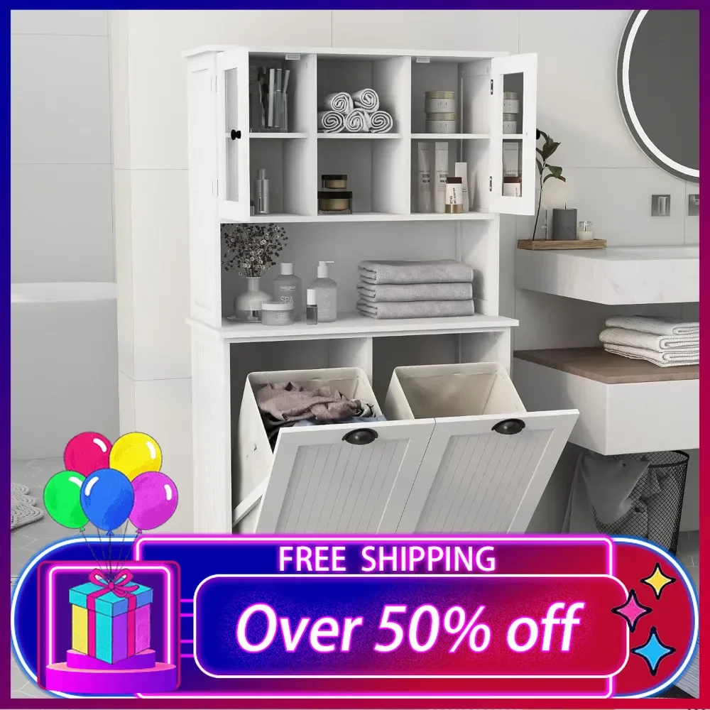 Tilt-Out Laundry Cabinet White Tall Storage Cabinet Laundry Hamper with 2 Baskets and 3 Cabinets Upper Doors Storage Cabinets