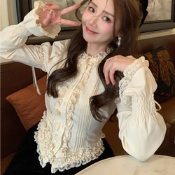 Victorian Elegant Lolita Blouses Women Sweet Lace Ruffles Bandage Puff Long Sleeve Shirts Korean Fashion Slim Vintage Gothic Top