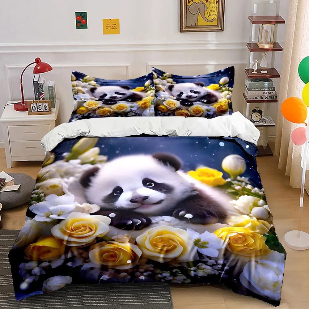 Adorable panda in floral night scene Bedding Set for Kids Luxury Gift 3pcs Digital Print Comforter Set Soft Comfortable