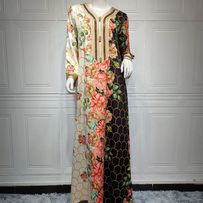 2023 Middle Eastern Muslim Abayat Ethnic Style Lace Perm Diamond Long Sleeves Abaya Femme Print Loose Evening Dress