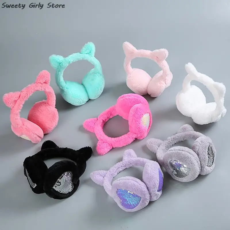 Girls Winter Warm Earmuffs Fashion Plush Headphones Lovely Cat Ear Earflaps Sequins Ear Cover Caps Soft Plush Earphone Headwear