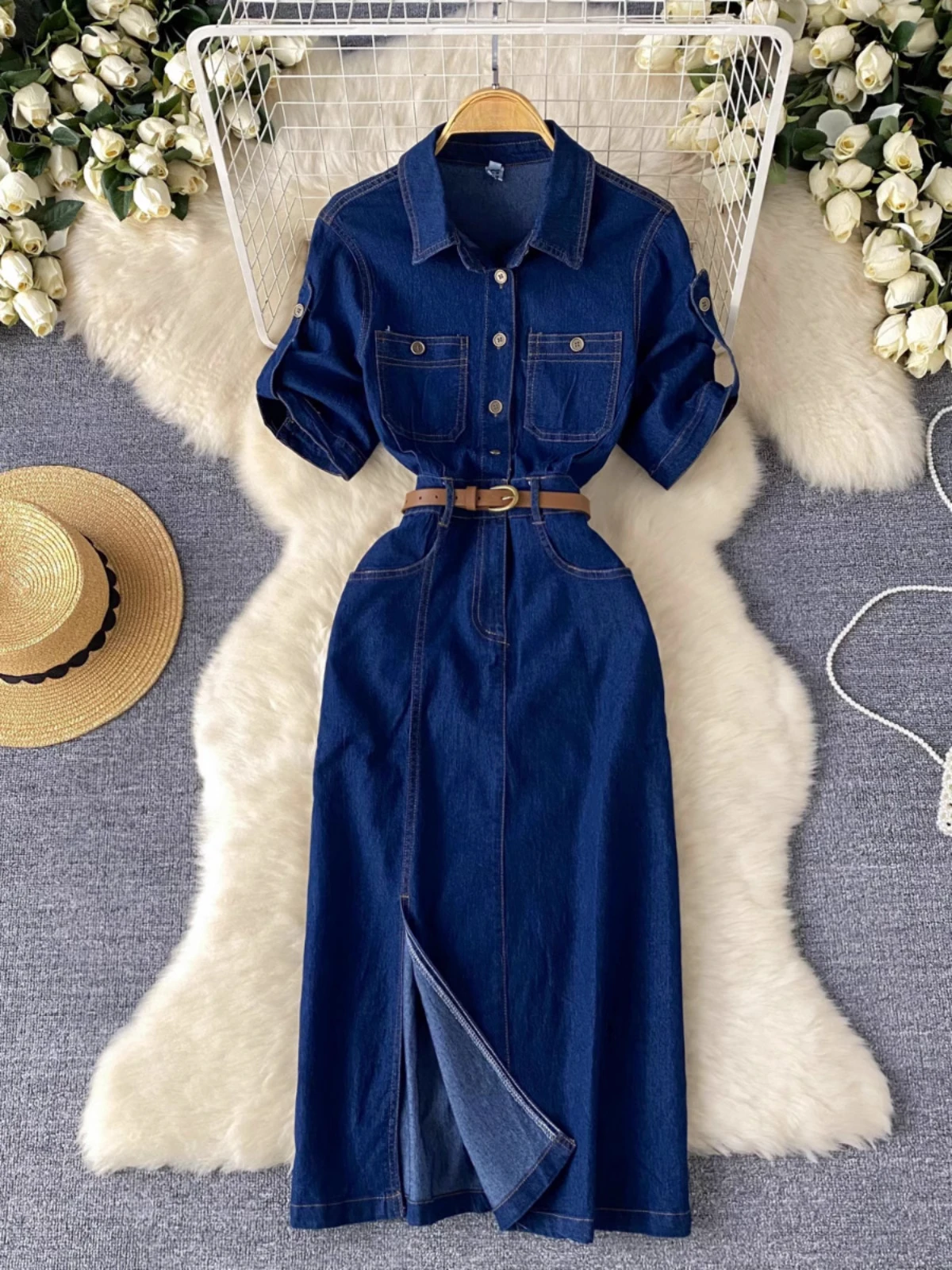 

Premium Sense Polo Collar Denim Dress Women Summer Open Waist Belt Design Niche Temperament Long Skirt