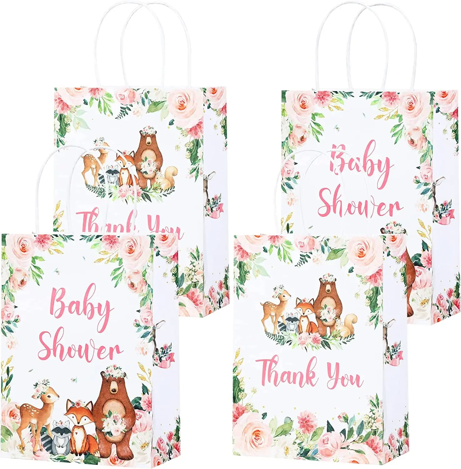 Paper Bags with Handle, Pink Woodland Animal, Baby Shower Gift Bags, Thank You Return, Birthday Party Favors Supplies, 16Pcs