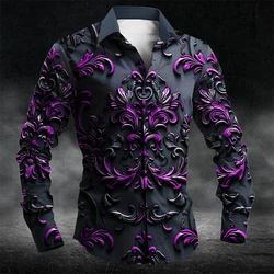 Fashion Relief Sculpture Graphic Shirts Trend Spring Autumn 3D Printed Long Sleeve Shirt Loose Streetwear Lapel Mens Clothing