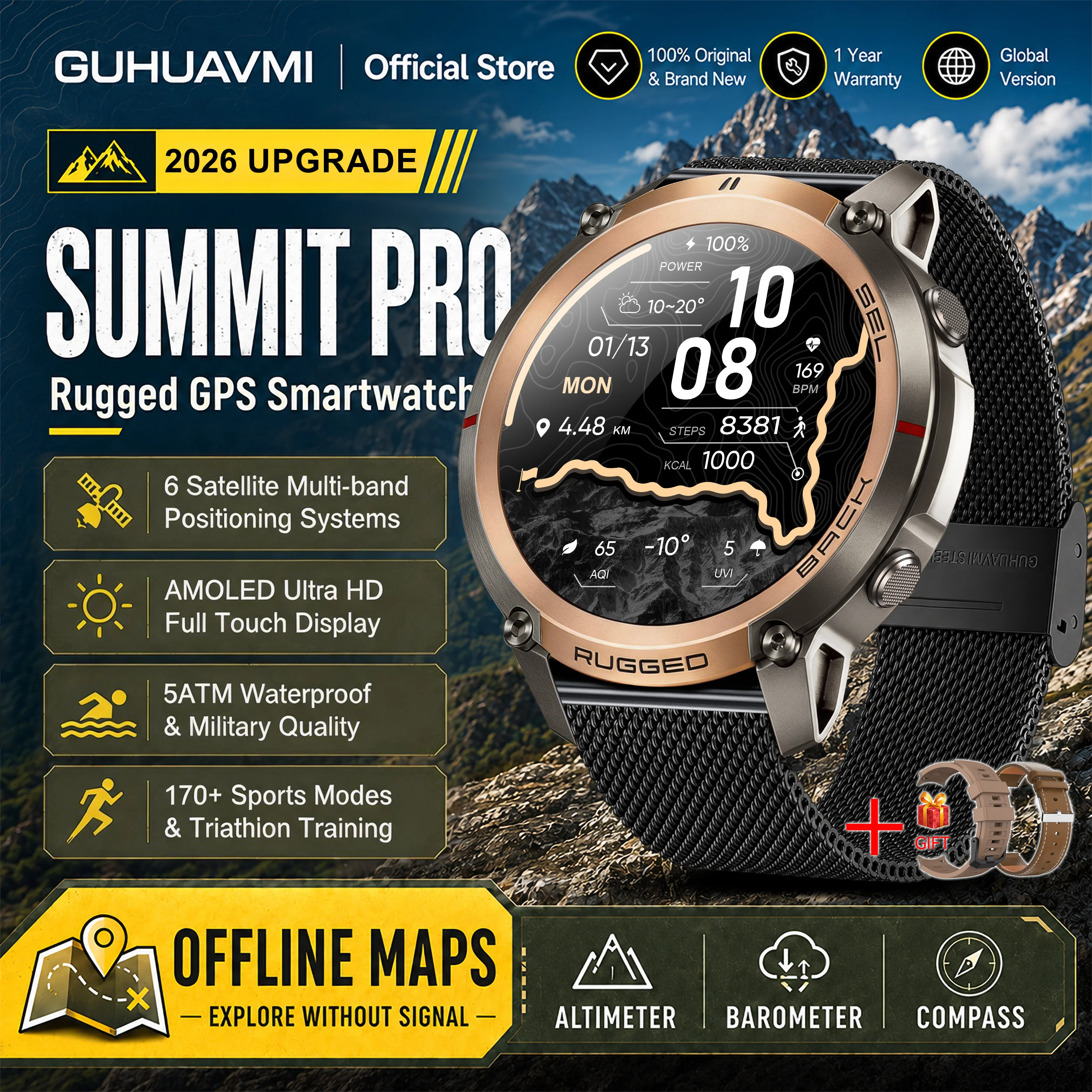 2026 Militaire Satelliet Offline Kaart GPS Smart Watch Heren 1.43''AMOLED Bluetooth Oproep Kompas 5ATM Waterdicht 170 + Sport Smartwatch